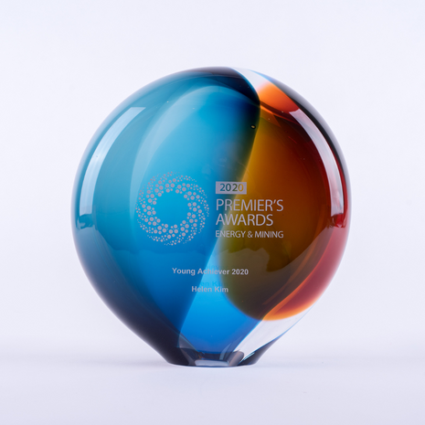 Australian Made bespoke glass award – unique blue and red branded corporate trophy
