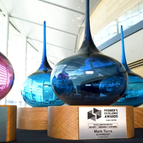 Australian Made glass trophy with wooden base – bespoke corporate award