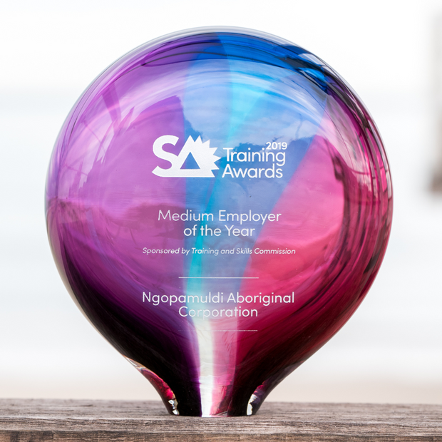 Australian Made bespoke glass award – unique pink and purple branded corporate trophy