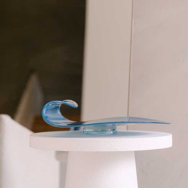 Blue Wave Platter handblown glass sculpture by Australian glass artist Llewelyn Ash, handcrafted in South Australia.