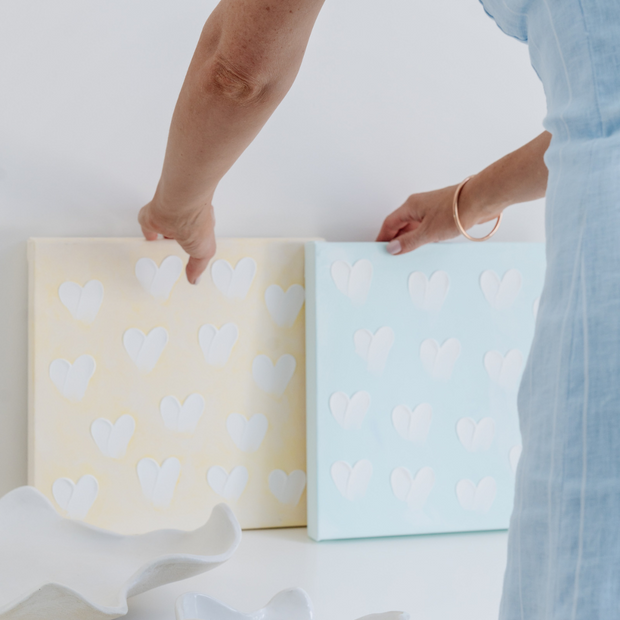 Stephanie Ockenden | Yellow / Seafoam / Nude with White Hearts wall art australia 