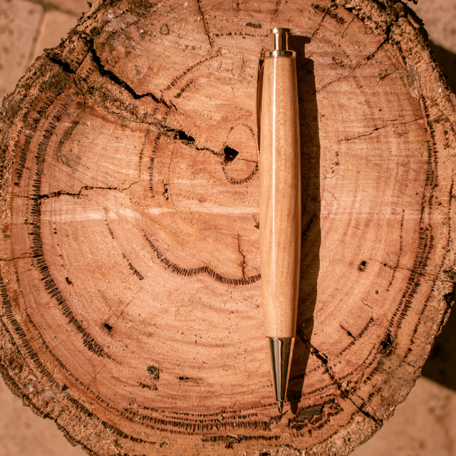 Wooden pen on a wooden log with visible grain and texture