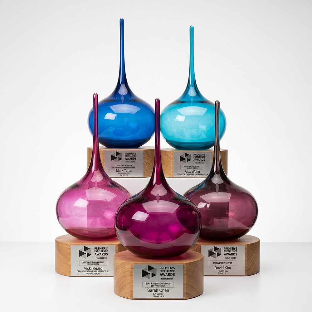 Lucky Drop Custom Glass Corporate Award with Timber Base & Engraving