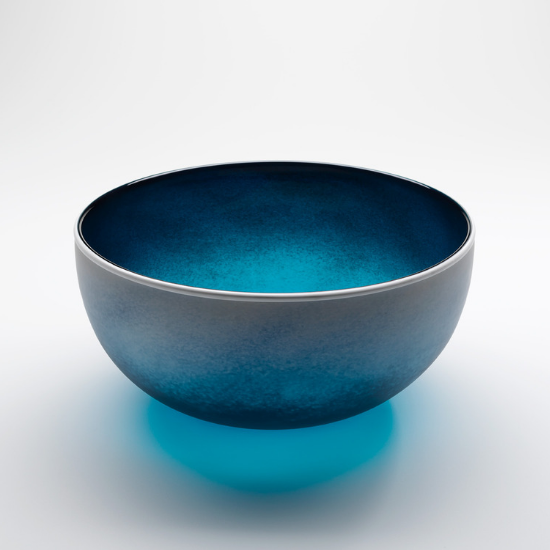 Handblown beach glass bowl by Llewelyn Ash in aqua blue tones, Australian made decorative glass bowl for coastal interiors
