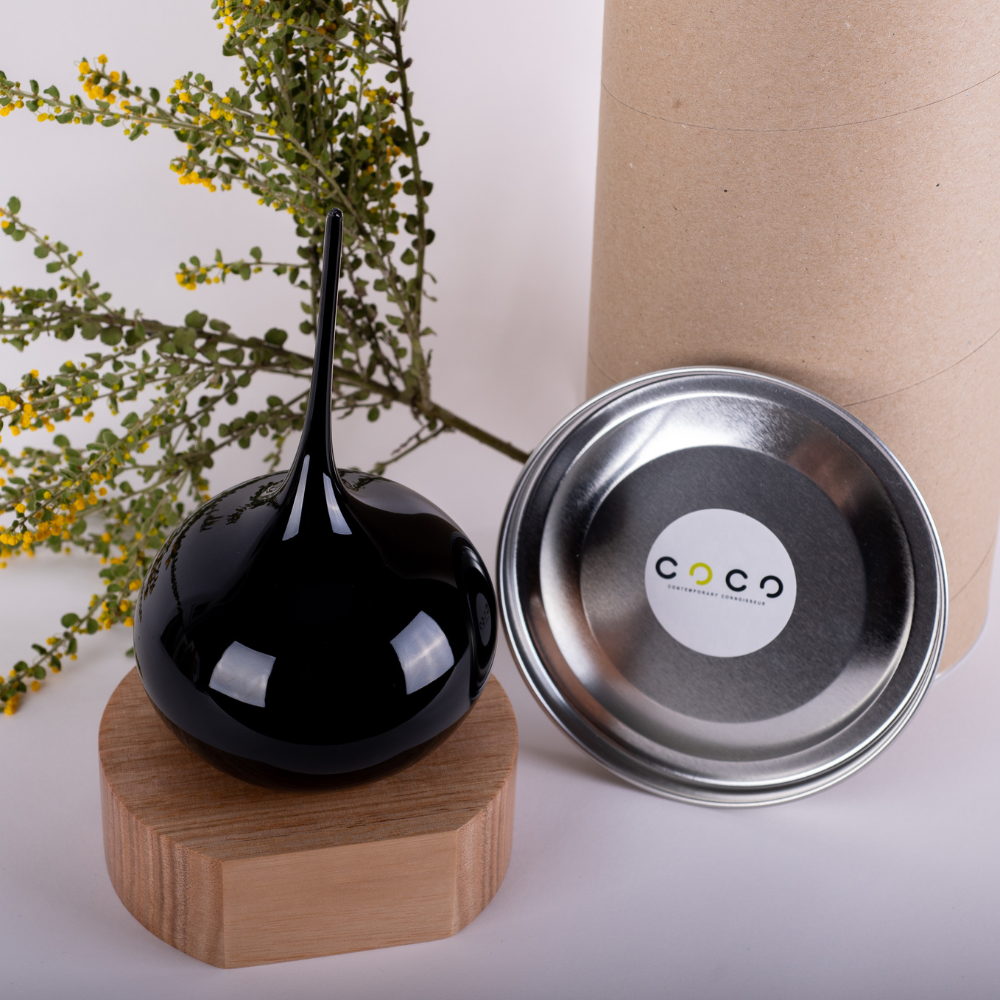 Black Lucky Drop glass award with wooden base - handmade corporate service award Australia - handblown glass by Llewelyn Ash
