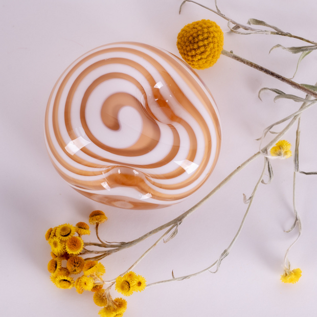 Bon Bon paperweight with gold and white swirl – handmade Australian glass décor