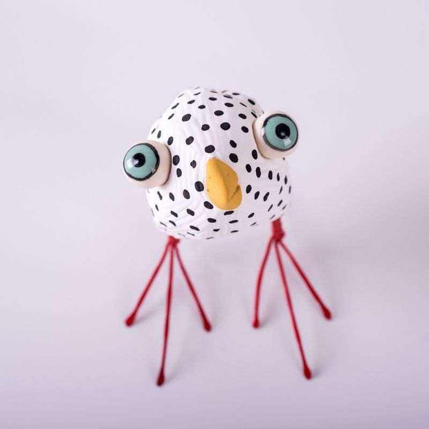 white and black baby ceramic chicken sculpture – handmade by Elodie Barker, Australian Made