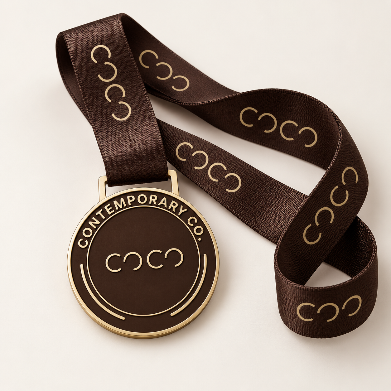 Custom gold medal with espresso branded lanyard and Contemporary Co logo, made in South Australia