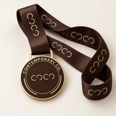 Custom gold medal with espresso branded lanyard and Contemporary Co logo, made in South Australia