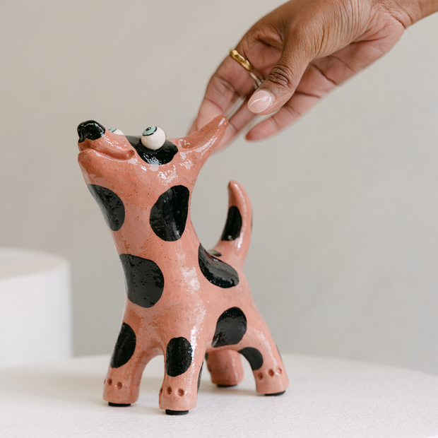 Brown Spotted Ceramic Dog Art | Handmade by Elodie Barker