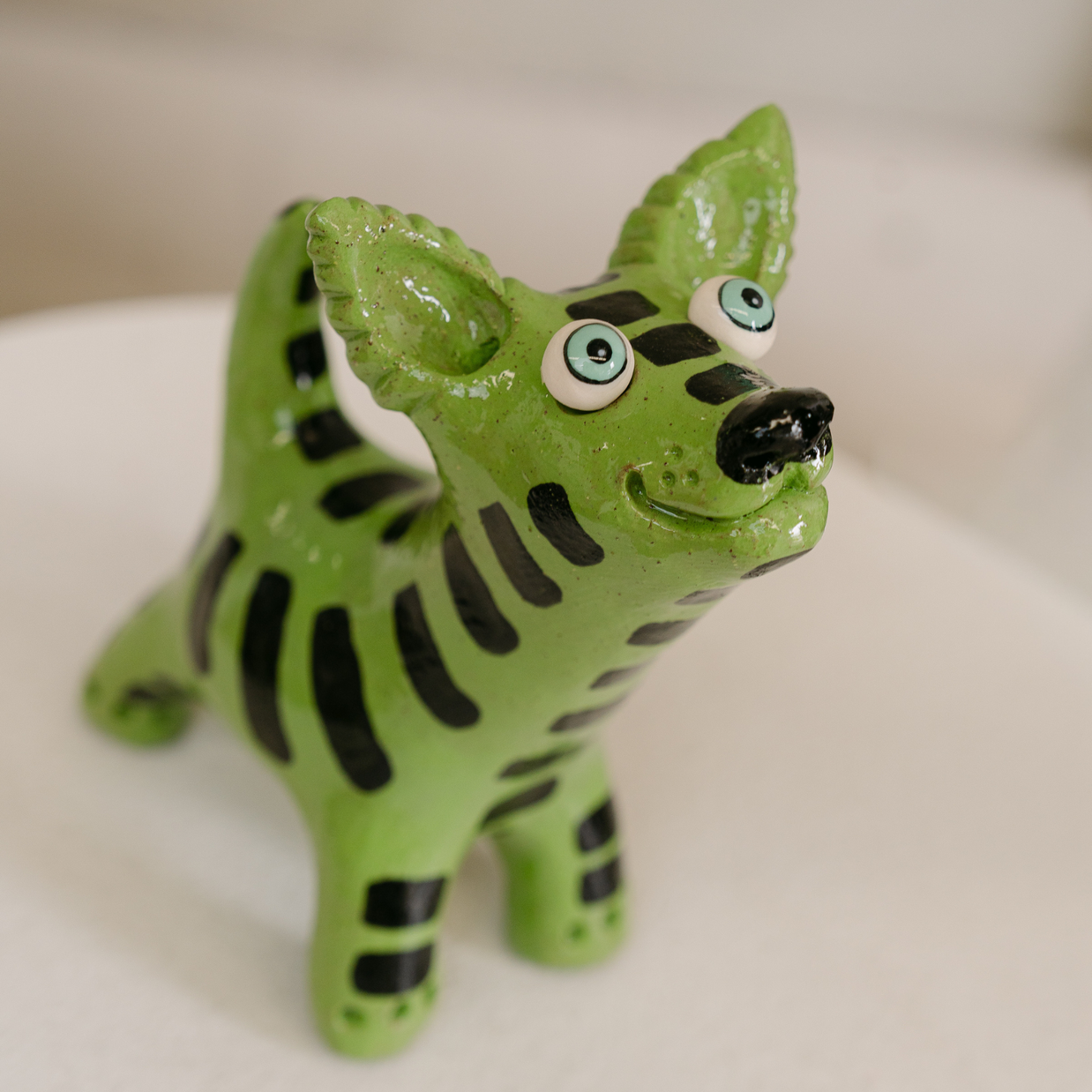 Green with Stripes Ceramic Dog Art | Handmade by Elodie Barker | Australian Made