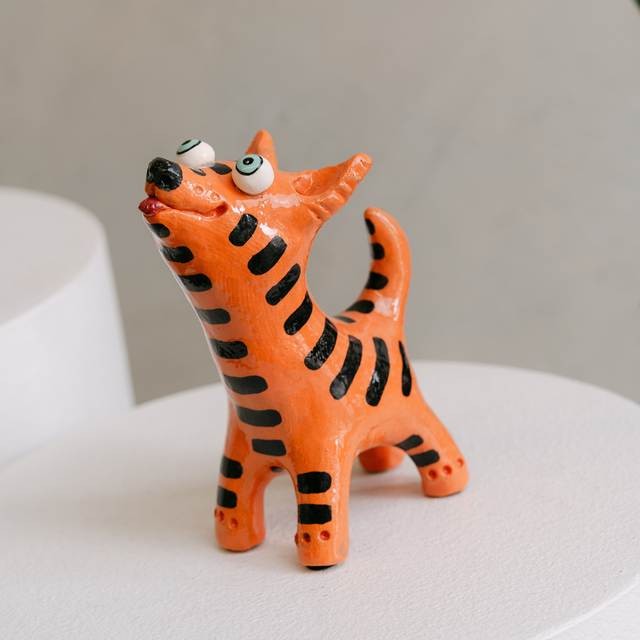 Orange with Black Stripes Ceramic Dog | Handmade by Elodie Barker
