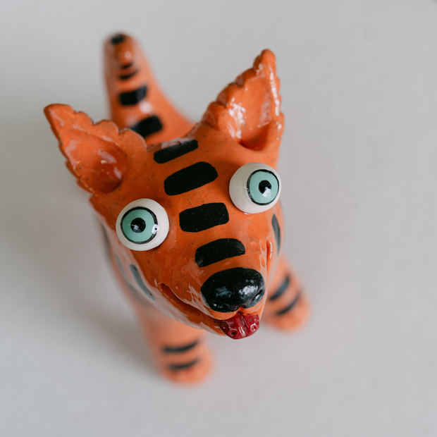 Orange with Black Stripes Ceramic Dog | Handmade by Elodie Barker
