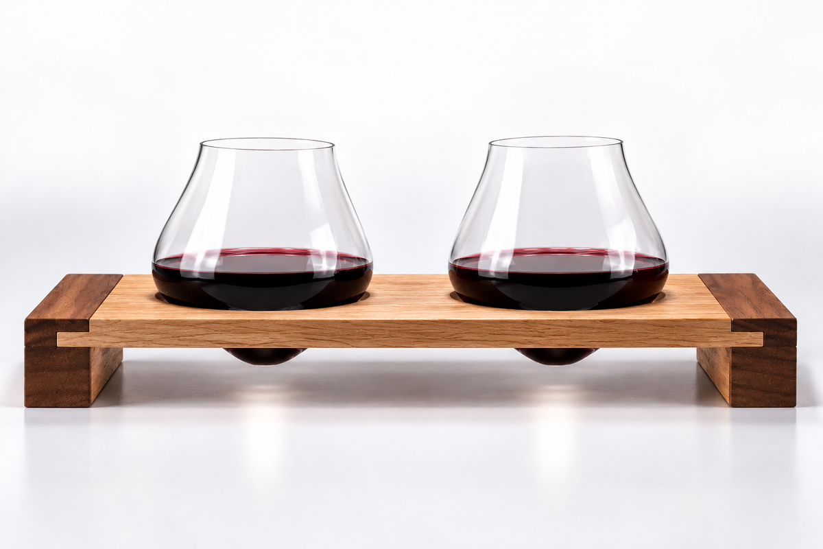 Emma Klau Kinetic stemless wine glasses displayed upright in handcrafted wooden wine glass rack