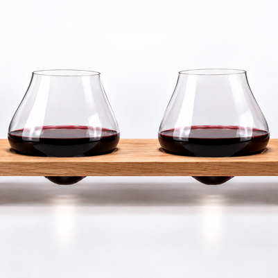 Emma Klau Kinetic stemless wine glasses displayed upright in handcrafted wooden wine glass rack