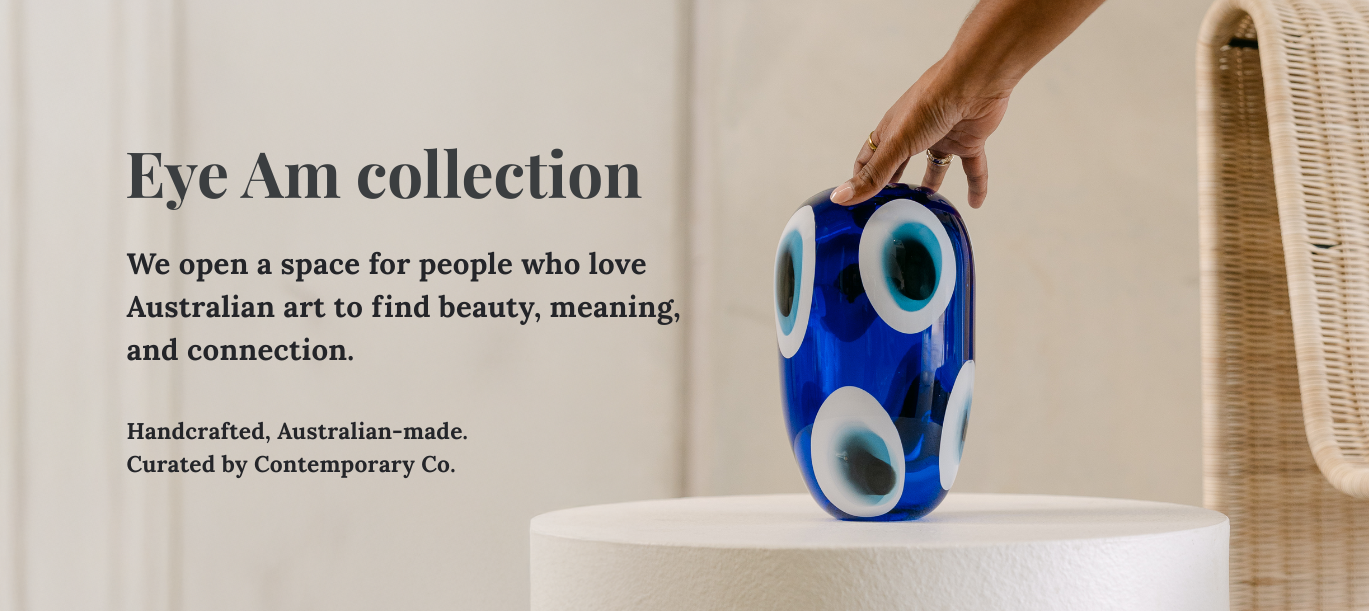 “Eye Am Collection – handcrafted Australian handblown glass vase featuring the symbolic evil eye design. Curated by Contemporary Co.”