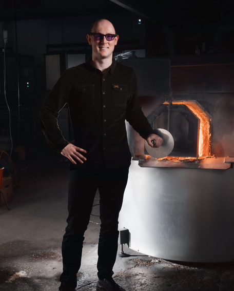 Australian glass artist Llewelyn Ash in his Adelaide glassblowing studio