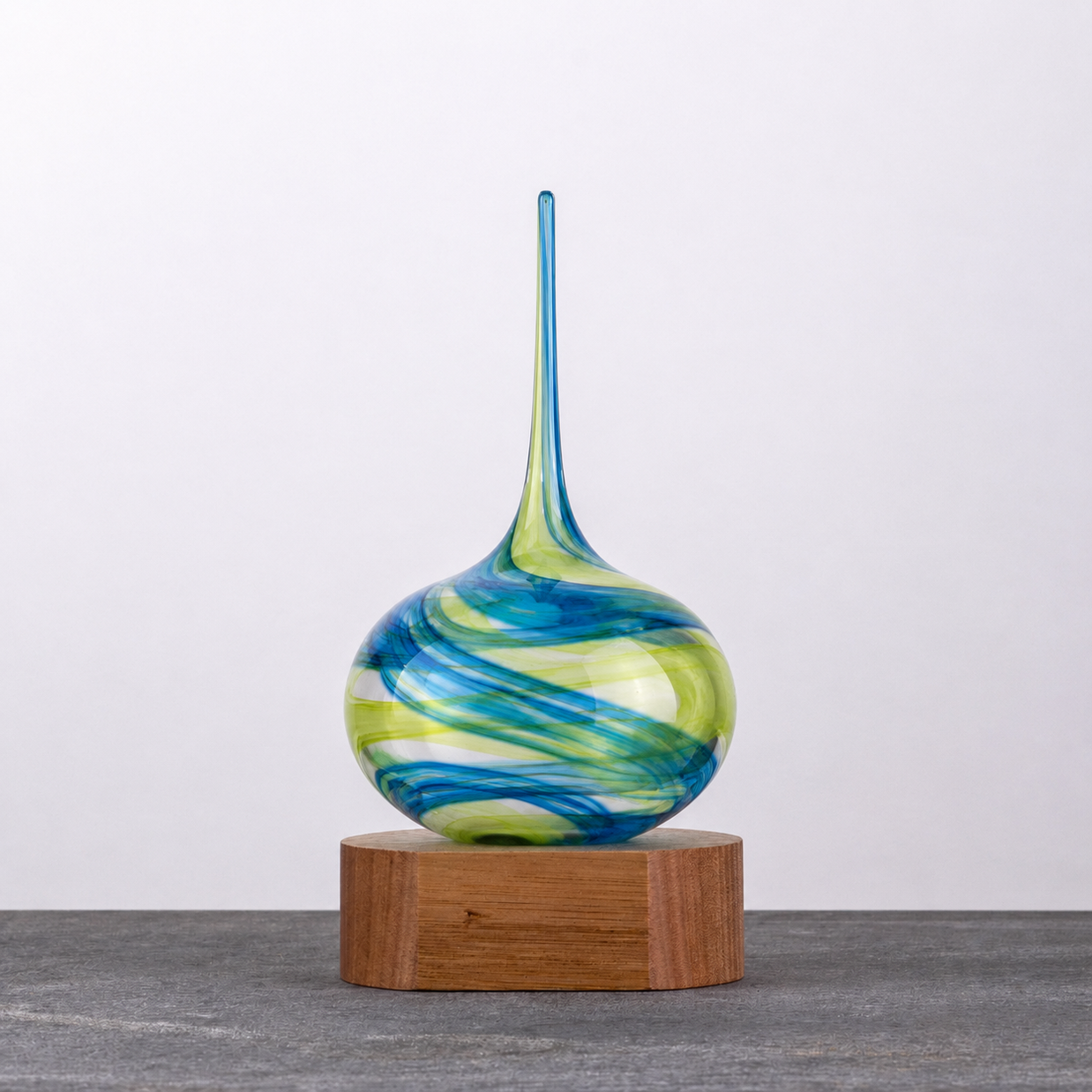 Handblown multi-tone Lucky Drop glass corporate award on handcrafted timber base made in Australia by Llewelyn Ash.