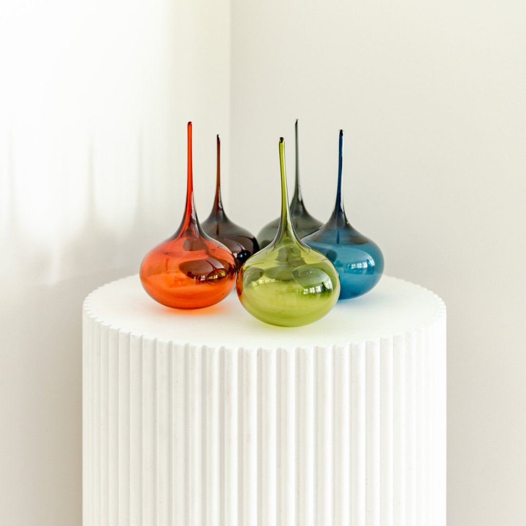 Collection of handblown Lucky Drop glass corporate awards in custom colours, individually handmade in South Australia by Llewelyn Ash.