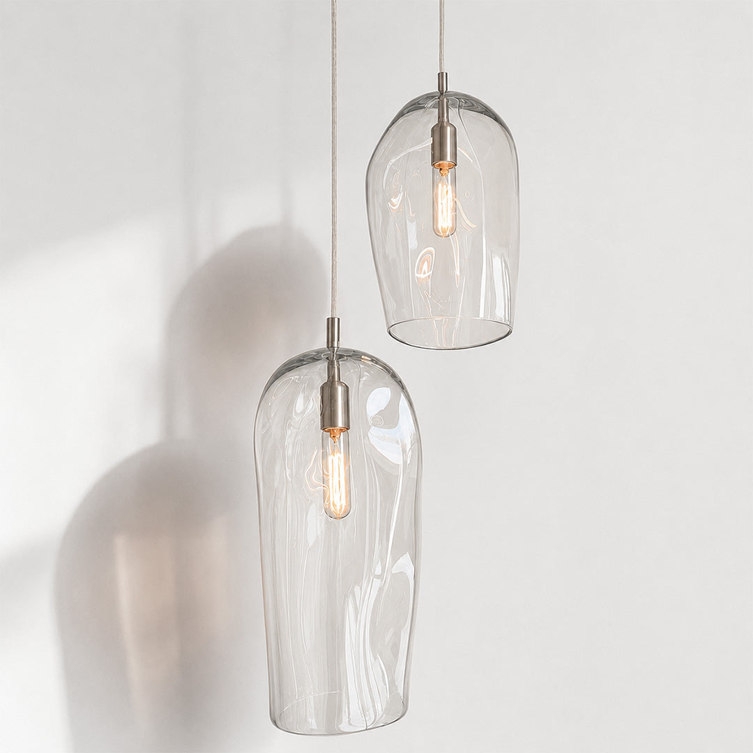 Marea Clear Australian made handblown glass pendant lights by Contemporary Co with stainless steel fittings.