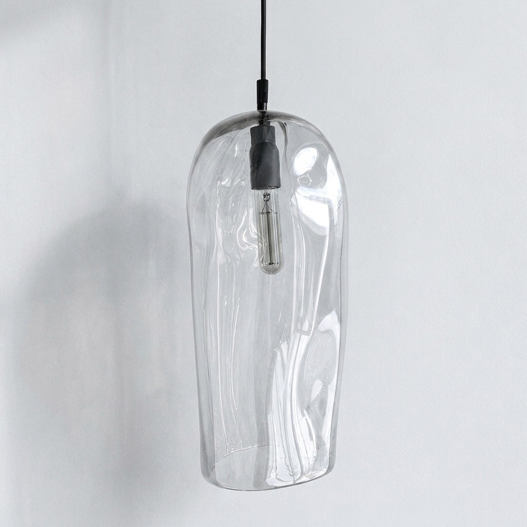 Marea II Clear Australian made handblown glass pendant light with black fitting, shown unlit.