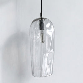 Marea II Clear Australian made handblown glass pendant light with black fitting, shown unlit.