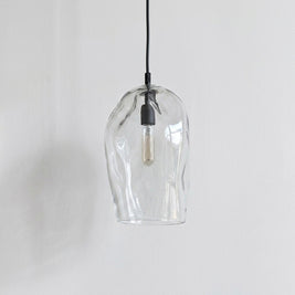 Marea I Clear Australian made handblown glass pendant light with black fitting, shown unlit.
