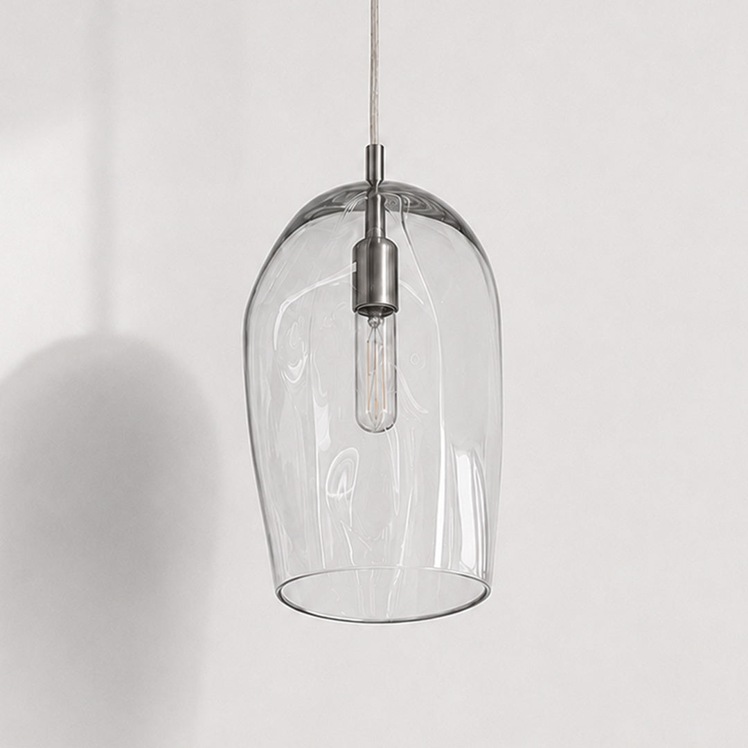 Small Marea Clear Australian made handblown glass pendant light by Contemporary Co with stainless steel fitting, shown unlit.