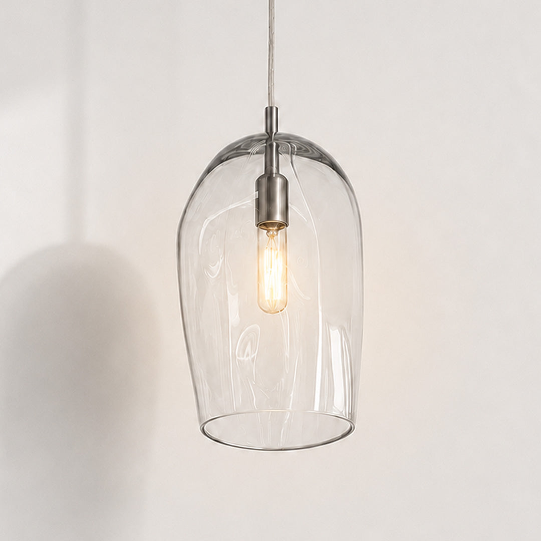 Small Marea Clear Australian made handblown glass pendant light by Contemporary Co with stainless steel fitting.