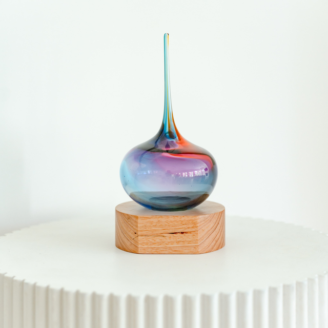 Handblown multi-tone Lucky Drop glass corporate award on handcrafted timber base made in Australia by Llewelyn Ash.