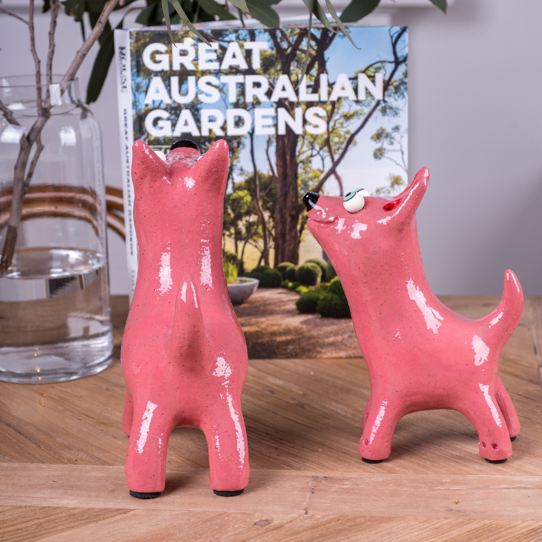 Pink Dog Art Sculpture | Handmade by Elodie Barker | Australian Ceramics - Contemporary Co Australian Made Gift Store