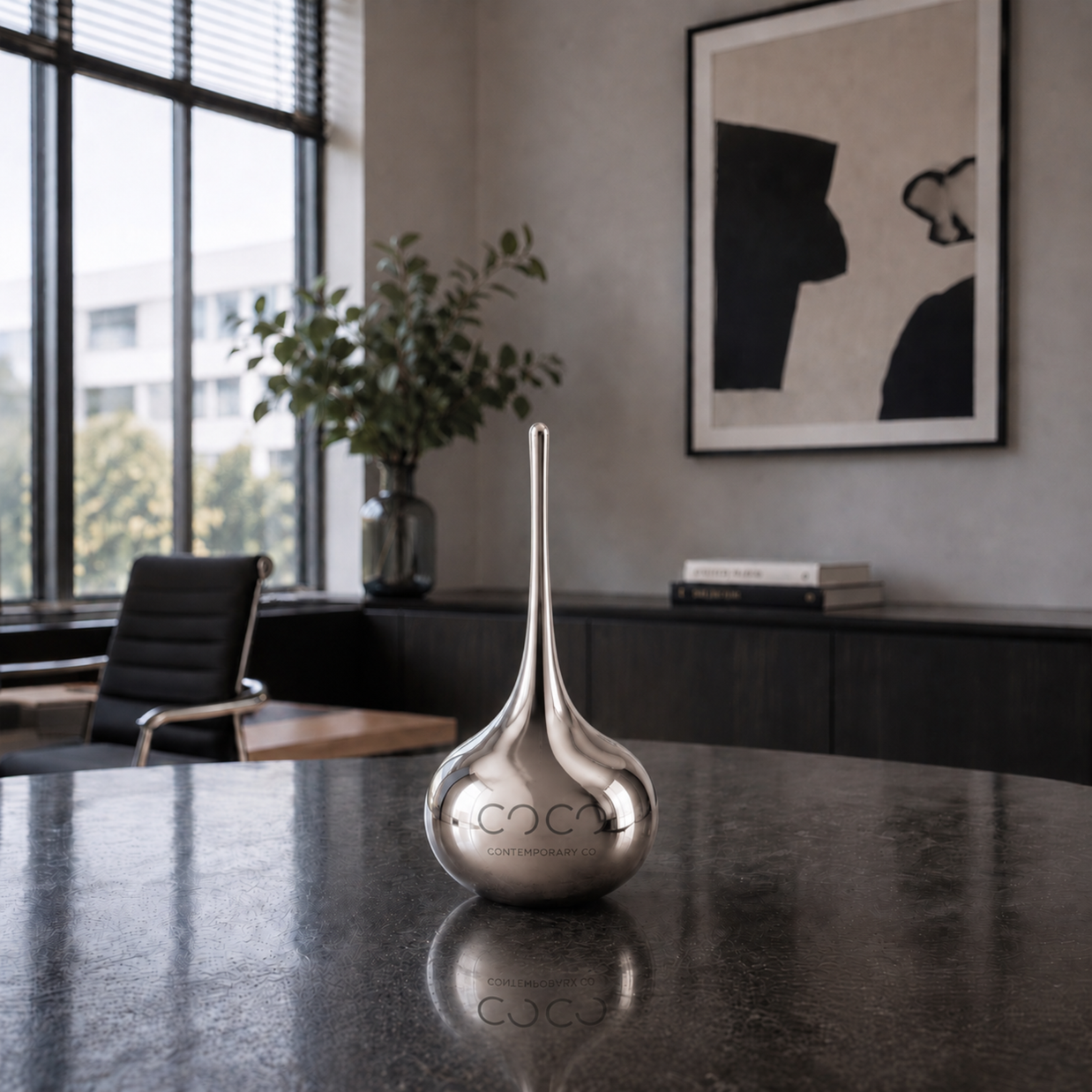 Contemporary Co Silver Lucky Drop Award – handcrafted Australian glass corporate award on a timber base for employee recognition, leadership awards and business excellence.