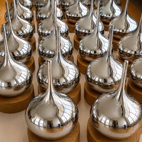 Contemporary Co Silver Lucky Drop Award – handcrafted Australian glass corporate award on a timber base for employee recognition, leadership awards and business excellence.