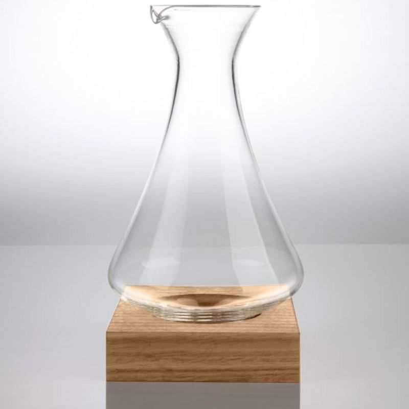 Emma Klau clear handblown Kinetic Wine Decanter handcrafted in South Australia. Australian art glass wine decanter displayed on an optional timber base.